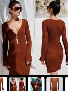 l*space wailea Rust Brown Ribbed Long-Sleeve Knit Dress cover up w